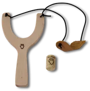 KORKEN-SCHLEUDER (Katschi, Zwille) Holz natur, Korb aus echtem Leder + 1 BS-Korken