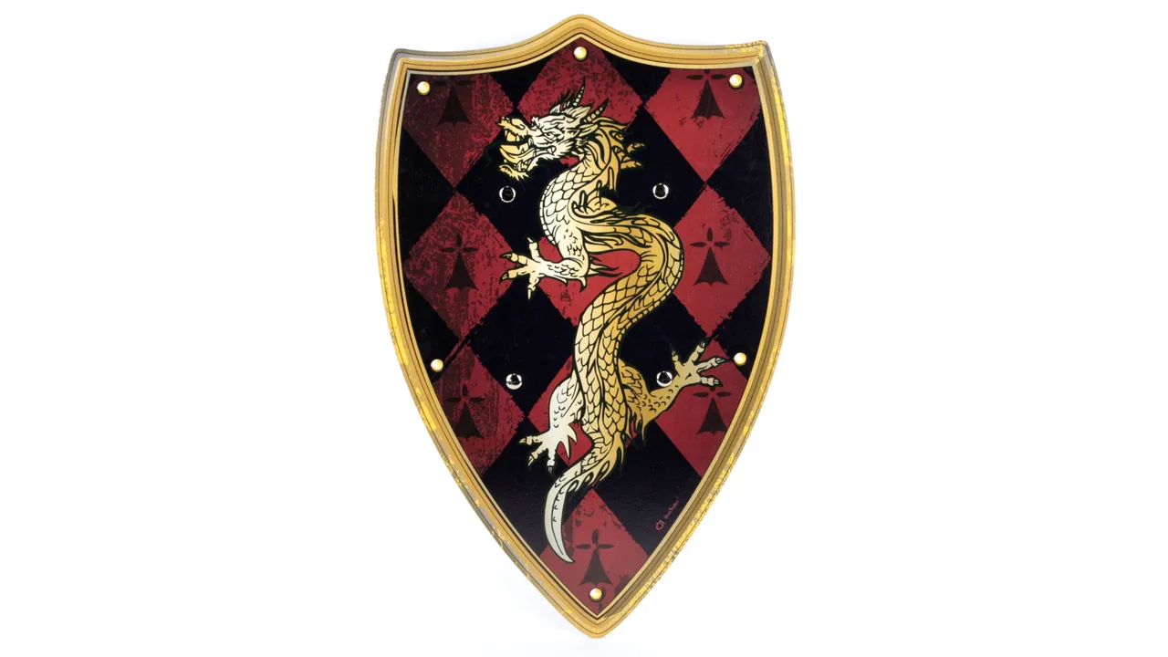 Ritter-Schild vom Drachenhang, Holz bunt, 2 Ledergr.,49x32cm - Bild 1