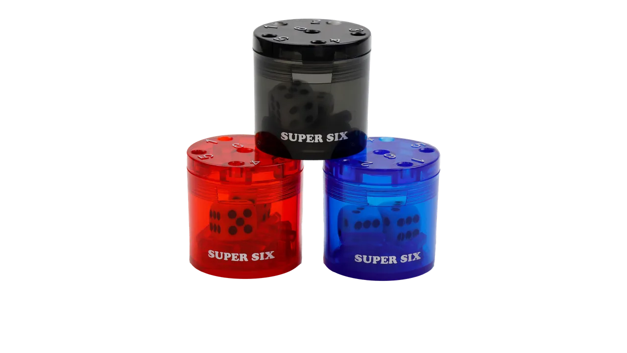 SUPER SIX 3er-SET "Travel" aus ABS - Rot, Blau & Schwarz, 5cm+ Ø 5cm, Reisespiel - Bild 1