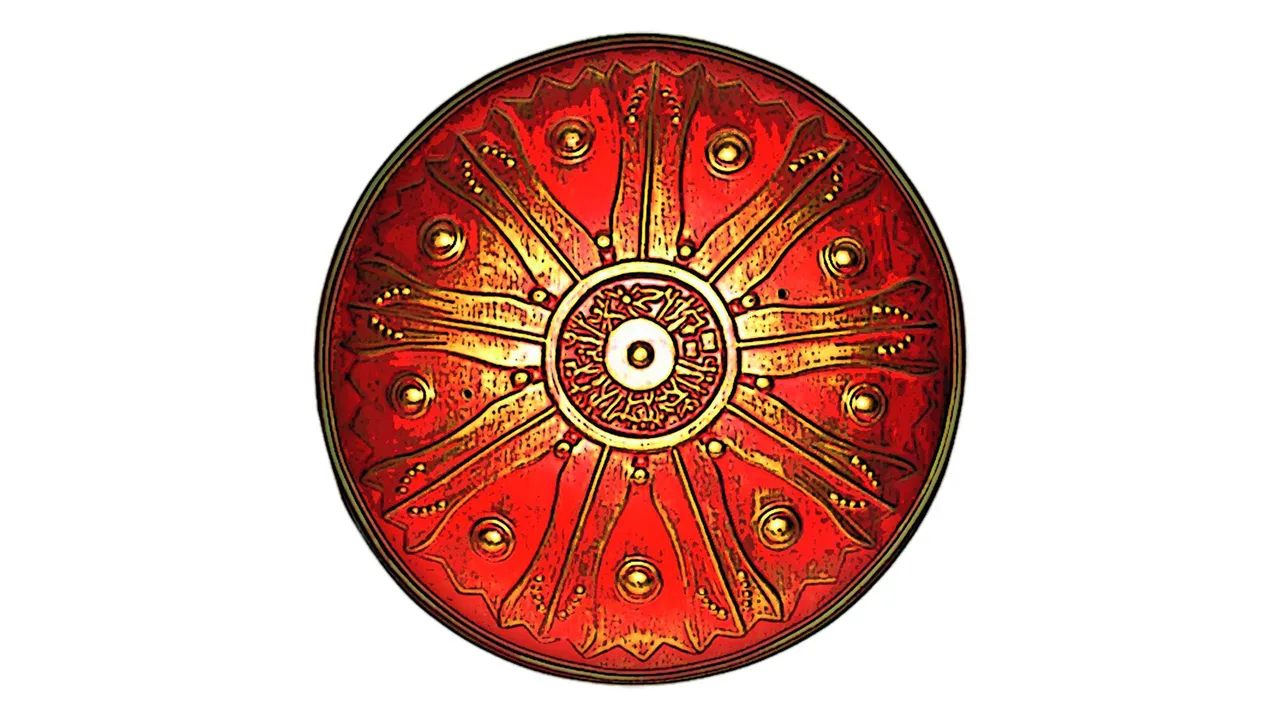 RÖMER-/Hopliten-Schild, Holz bunt, Ø 40cm, Doppelledergriffe - Bild 1